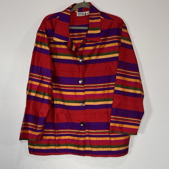 Chico’s Design 100% Silk Jacket Size 3 (XL) Red Purple Striped Button Top VTG - Picture 1 of 12